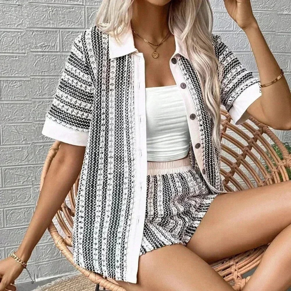 Multicolor Casual Women's Woven Short Sleeve Top And Shorts Set - Picture 4 of 7